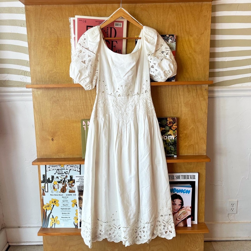 Nancy Johnson White Eyelet Midi Dress with Puff Sleeves